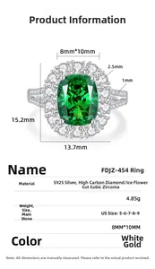 Detail view of S925 silver ring with 8x10mm emerald cut cubic zirconia and size dimensions