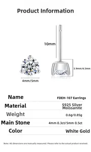 Detailed view of S925 sterling silver three-claw moissanite stud earring with dimensions