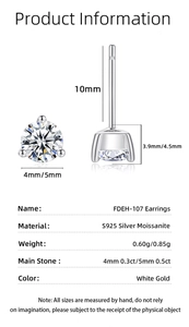 Detailed specs of S925 sterling silver three-prong Moissanite stud earrings 4mm and 5mm