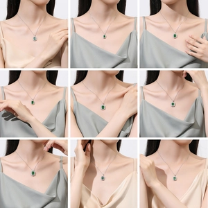 Elegante Halskette mit smaragdgrünem Stein und Silberkette in verschiedenen Ansichten