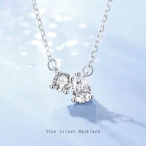 S925 Sterling Silver Moissanite Necklace Elegant Double Stone Water Drop Round Cut Pendant Cross Chain Daily Jewelry For Women