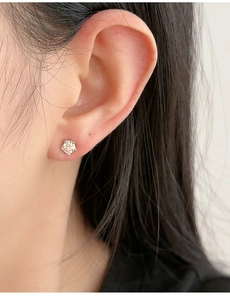 Close-up of a 925 silver stud earring with five-prong moissanite on a model ear
