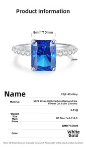 Detailed specs of S925 silver ring with 8x10mm radiant cut blue sapphire zircon