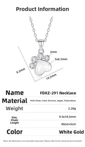 Detailed size chart of S925 silver cat paw necklace with heart chalcedony gemstone