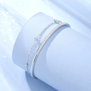 Elegant S925 sterling silver double-layer bracelet with sparkling zircons and round beads