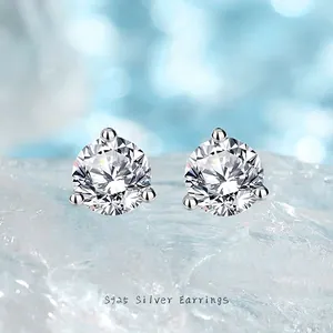 S925 Sterling Silver Moissanite Stud Earrings Round Brilliant Cut Sparkling Solitaire Jewelry Accessories For Women Elegant Classic Style Gift
