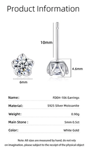 Detailed S925 silver moissanite stud earrings showing precise size and product dimensions