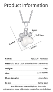 Detailed specs of S925 silver cat paw necklace with white chalcedony and zirconia