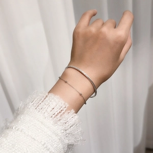 Minimalist S925 sterling silver double layer bead bracelet and open cuff set for women