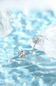 Detail of 925 sterling silver stud earrings featuring S925 hallmark and sparkling round stone