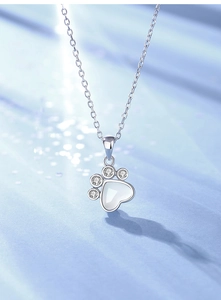 Macro view of S925 silver cat paw pendant with heart chalcedony and zircon stones