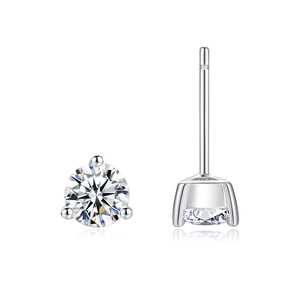 Three-prong brilliant cut round diamond stud earrings in 925 sterling silver settings