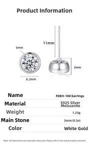 Detailed size chart for S925 silver moissanite bubble stud earrings with dimensions