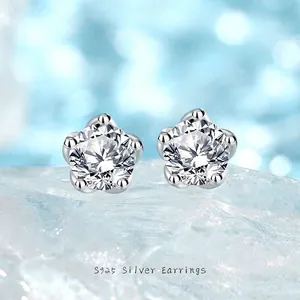 Fashion 925 Sterling Silver Moissanite Flower Stud Earrings Five Claw Geometric Sparkly Women Ear Jewelry Daily Commute Gift