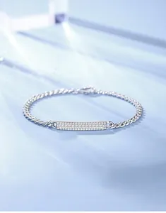 Close-up of S925 sterling silver Cuban chain bracelet with sparkling cubic zirconia inlay