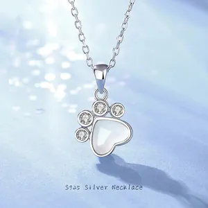 S925 Sterling Silver Cat Claw Necklace Heart Shaped White Chalcedony Zirconia Pendant Sweet Animal Jewelry For Women