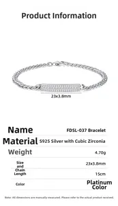 Detailed specs of S925 silver Cuban bracelet with a 23mm zircon bar and 15cm chain