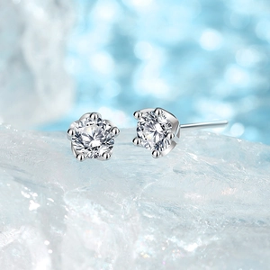 Elegant 925 silver stud earrings with 5-prong round moissanite on icy textured background