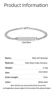 S925 sterling silver Cuban bracelet with 23x3.8mm zirconia tag and white gold finish