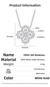 Detailed size specifications of S925 sterling silver clover necklace with CZ stones