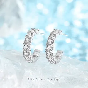S925 Sterling Silver Hoop Earrings Pave Cubic Zirconia Minimalist Small C Shape Ear Studs For Women Daily Jewelry Gift