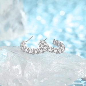 Sparkling S925 sterling silver C-shaped hoop earrings with clear pavé zircon stones