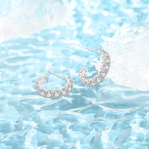 Sparkling S925 silver C-shaped hoop earrings with zircon pavé set on crystal ice