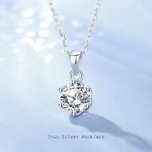 Collier en Argent Sterling 925 avec Moissanite Pendentif Rond à Six Griffes Zircone Chaîne Minimaliste pour Femme Bijoux de Mariage