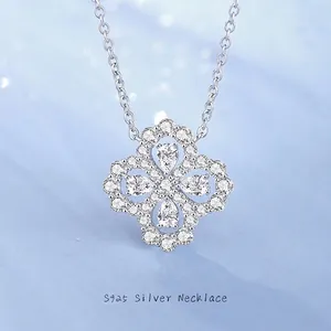 S925 Sterling Silver Four Leaf Clover Pendant Necklace Micro Inlaid Cubic Zirconia Luxury Flower Choker For Women Elegant Daily Dating Jewelry