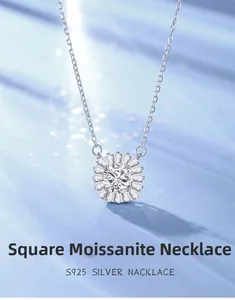 Vue détaillée du collier Moissanite en argent S925 avec monture halo trapézoïdale