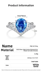 Detailed specs of S925 silver ring featuring a 7x9mm pear-cut blue sapphire and V-shape band