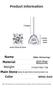 Specifiche dettagliate delle dimensioni per orecchini moissanite da 4mm a 6,5mm in argento S925