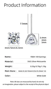 Tabella taglie dettagliata per orecchini in moissanite S925 da 4mm a 6,5mm