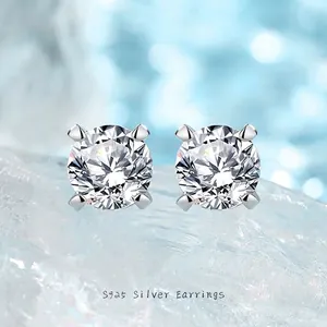 Boucles d'Oreilles Clous Moissanite en Argent Sterling 925 Minimalistes pour Femmes Taille Ronde Incrustée Bijoux