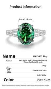 Specifications for S925 silver ring featuring 8x10mm oval green gemstone and pavé accents
