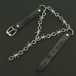 Punk multilayer leather choker featuring metallic barb wire design and adjustable buckles