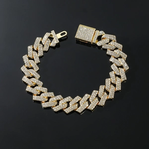 Bracelet Gourmette Cubaine Luxe Iced Out Hip Hop Alliage Incrusté de Strass Or Argent Plaqué Streetwear Bijoux de Mode pour Hommes