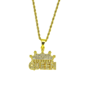 Hip Hop Queen Crown Letter Pendant Necklace Stainless Steel Rope Chain Zinc Alloy Rhinestone Inlaid Punk Jewelry For Men