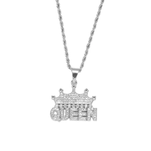 Silver iced out QUEEN crown pendant with rope chain necklace for hip hop style