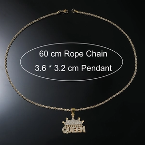 Close-up of gold Queen pendant with crown and dimensions of 3.6 by 3.2 cm