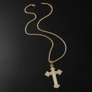 Hip Hop Herren Kreuz Anhänger Halskette Edelstahl Kordelkette Vollbesetzt Mit Strass Religiöser Streetwear Schmuck Gold Silber