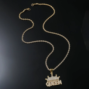 Hip hop gold plated iced out crown QUEEN pendant necklace with rope chain for men