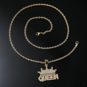 Hip hop gold plated necklace featuring iced out QUEEN crown pendant and twisted rope chain