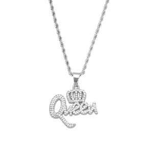 Iced out Queen letter pendant with crown and rope chain necklace for women in silver color