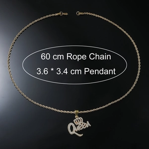Detail of hip-hop Queen pendant with crown and diamonds, 60cm gold rope chain