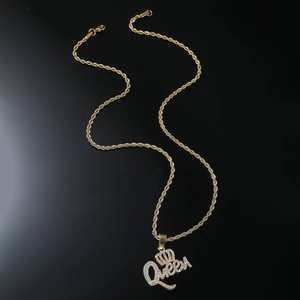 Hip Hop Queen Letter Pendant Necklace With Crown Rhinestone Stainless Steel Rope Chain Gold Silver Plated Fashion Jewelry