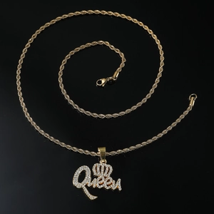 Hip hop gold plated Queen pendant necklace with sparkling rhinestones on twisted rope chain