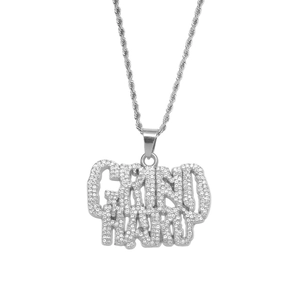 Silver iced out Grind Hard letter pendant with double row stones on a rope chain