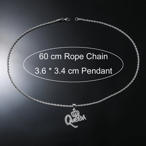 Hip hop silver Queen pendant with crown and rhinestones on 60cm rope chain necklace