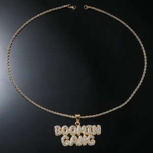 Collier hip-hop doré avec pendentif double rangée BOOMIN GANG serti de strass brillants